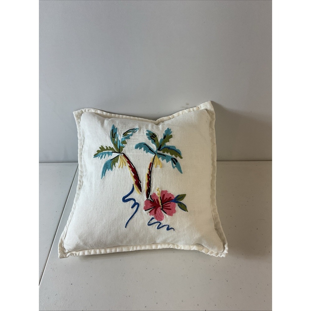 Pottery Barn Palm Tree Throw Pillow Linen Blend Embroidery 12" w Tie Back Close